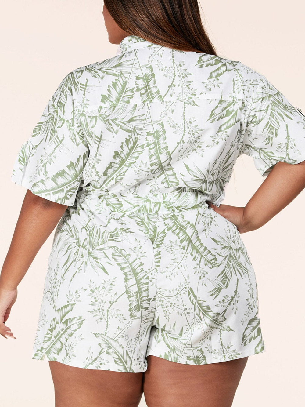 PLUS SIZE SHORT SLEEVE BUTTON UP LEAF PRINT ROMPER