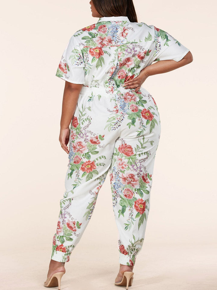 PLUS SIZE SHORT SLEEVE BUTTON UP FLORAL POCKETS JUMPSUIT