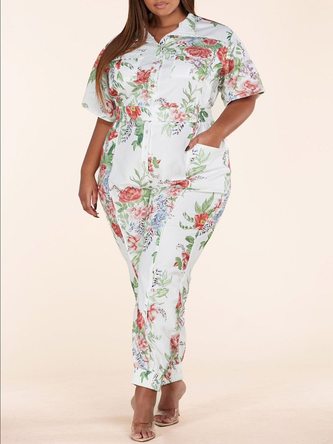 PLUS SIZE SHORT SLEEVE BUTTON UP FLORAL POCKETS JUMPSUIT