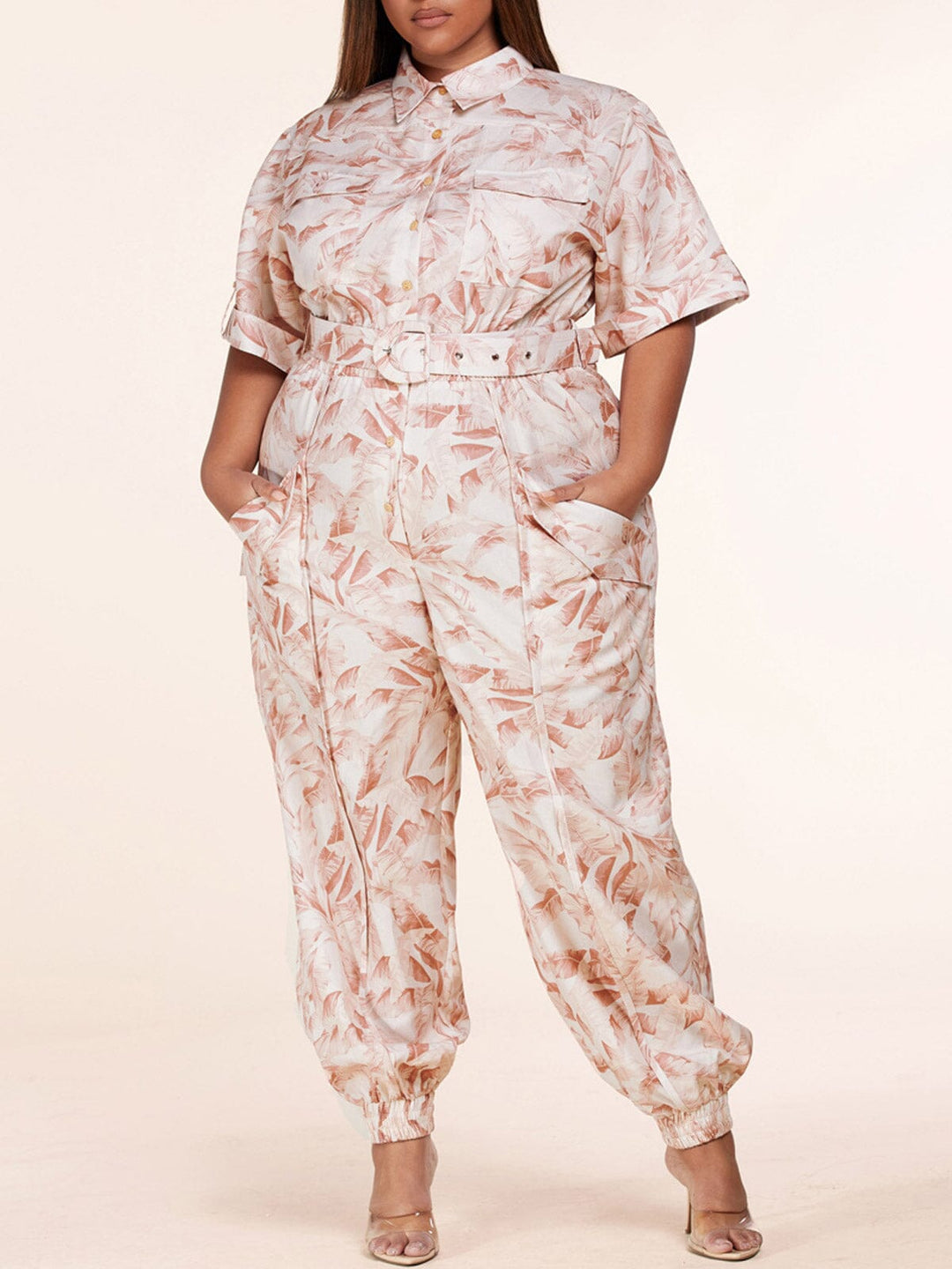 PLUS SIZE SHORT SLEEVE BUTTON UP POCKETS BELTED LEAF PRINT JUMPSUIT