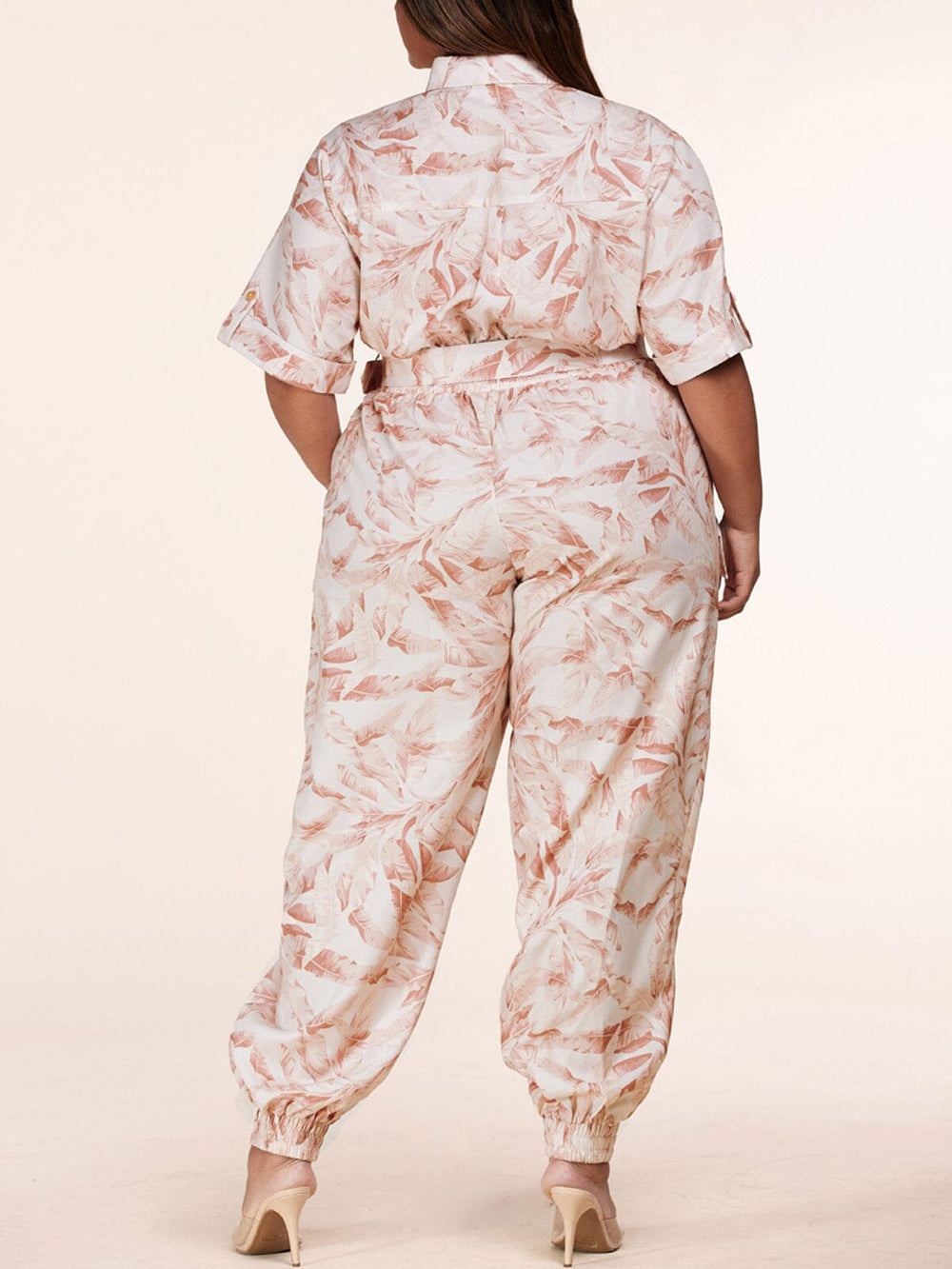 PLUS SIZE SHORT SLEEVE BUTTON UP POCKETS BELTED LEAF PRINT JUMPSUIT