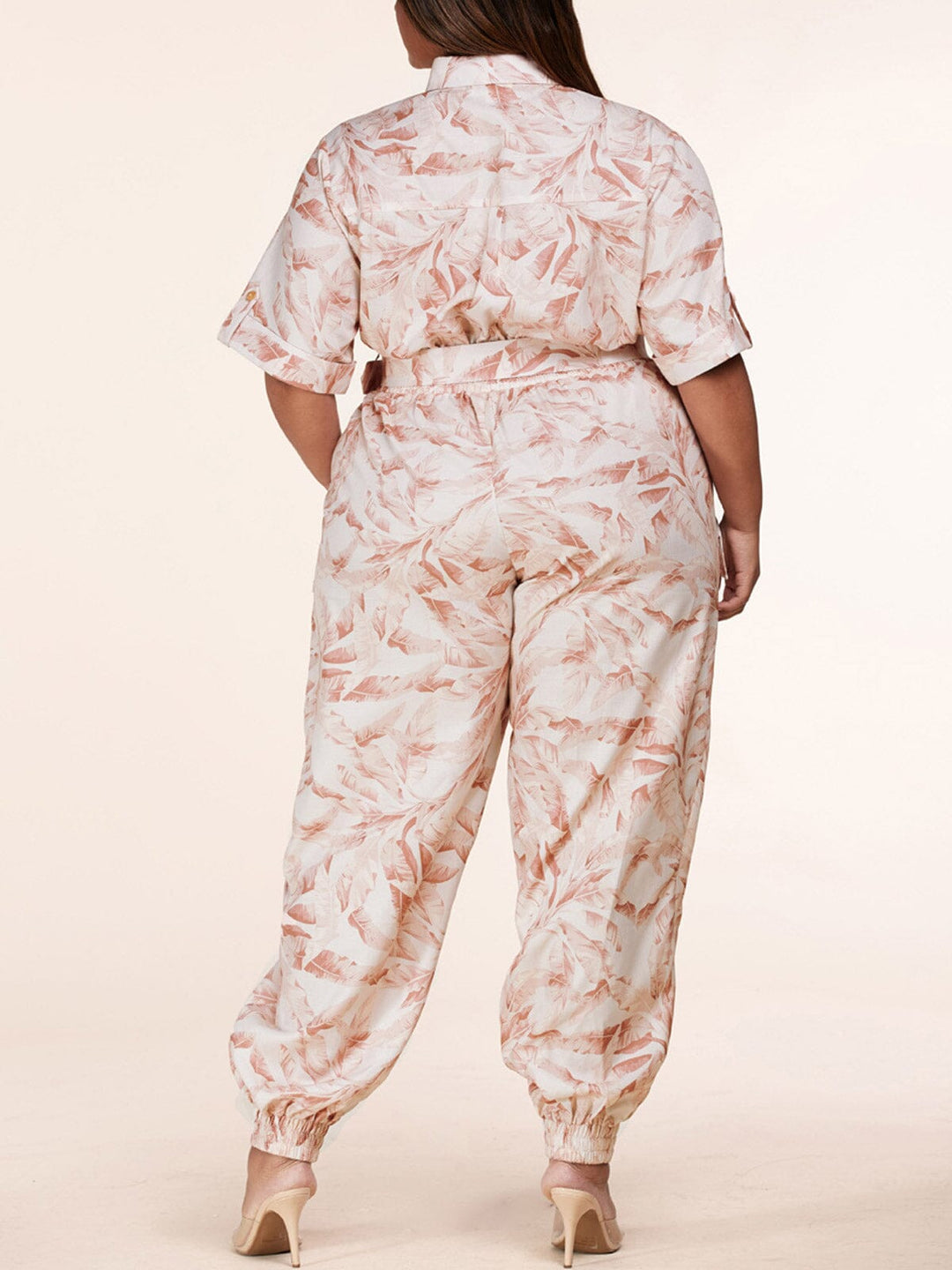 PLUS SIZE SHORT SLEEVE BUTTON UP POCKETS BELTED LEAF PRINT JUMPSUIT