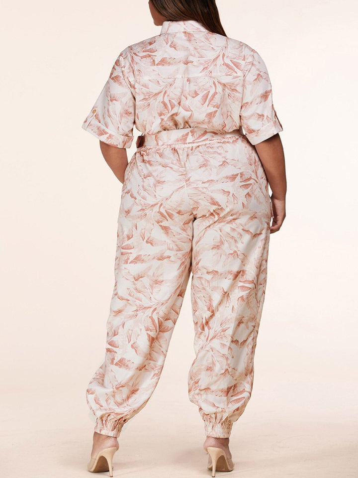 PLUS SIZE SHORT SLEEVE BUTTON UP POCKETS BELTED LEAF PRINT JUMPSUIT