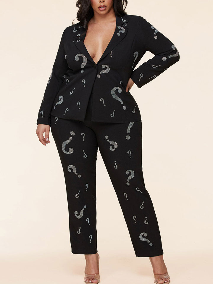 PLUS SIZE RHIMESTONE PRINT 2PC. JACKET AND PANTS SET