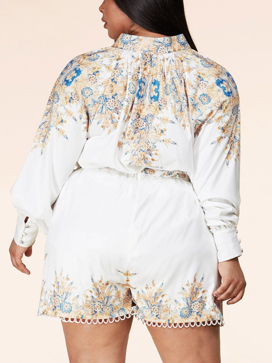 PLUS SIZE LONG SLEEVE 2PC. TOP & SHORTS FLORAL SET