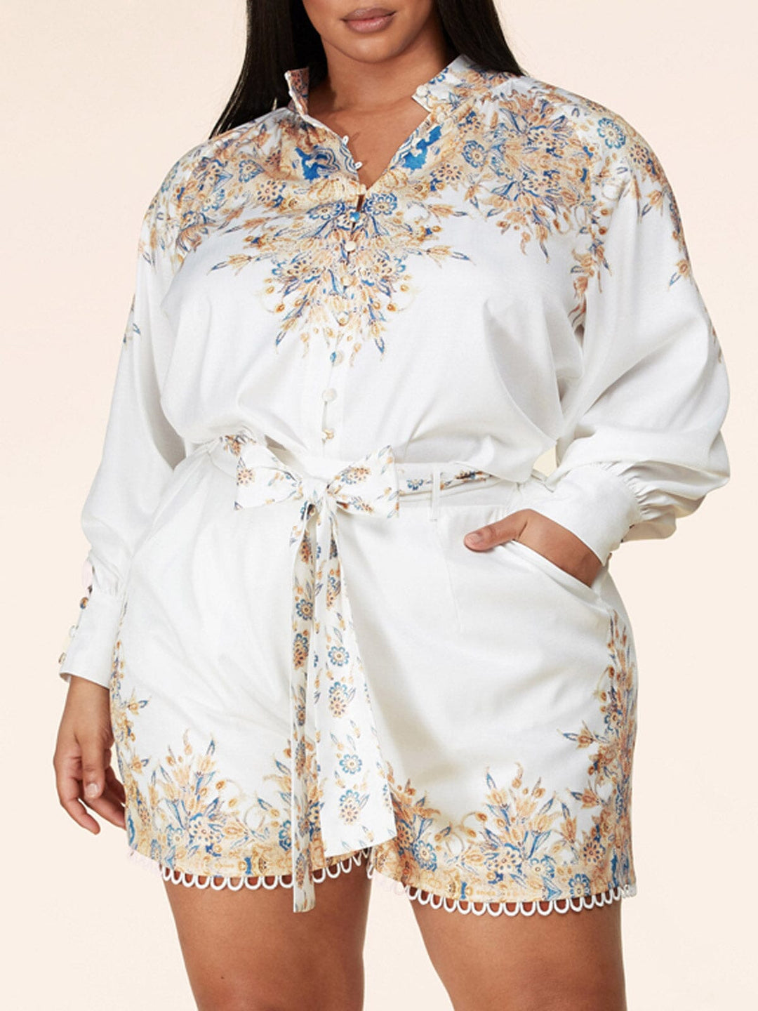 PLUS SIZE LONG SLEEVE 2PC. TOP & SHORTS FLORAL SET