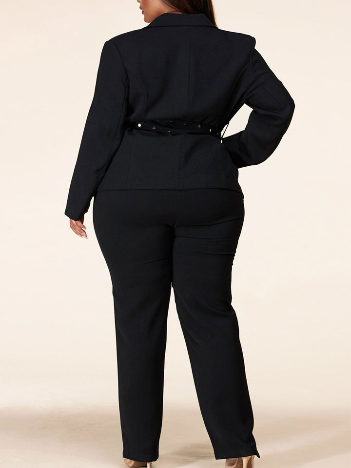 PLUS SIZE FRONT BELT 2PC. JACKET AND WIDE LEG PANTS SET