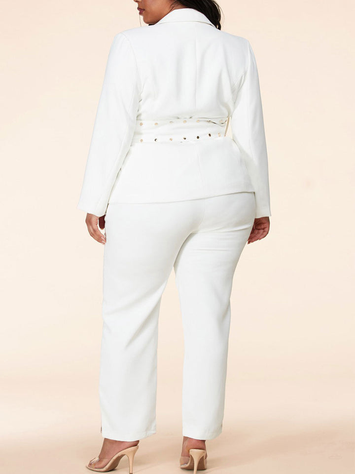 PLUS SIZE FRONT BELT 2PC. JACKET AND WIDE LEG PANTS SET