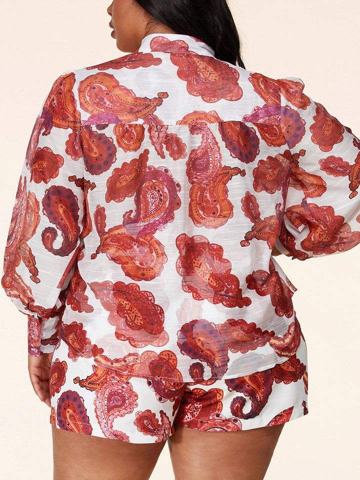 PLUS SIZE LONG SLEEVE 2PC. TOP & SHORTS PAISLEY PRINT SET