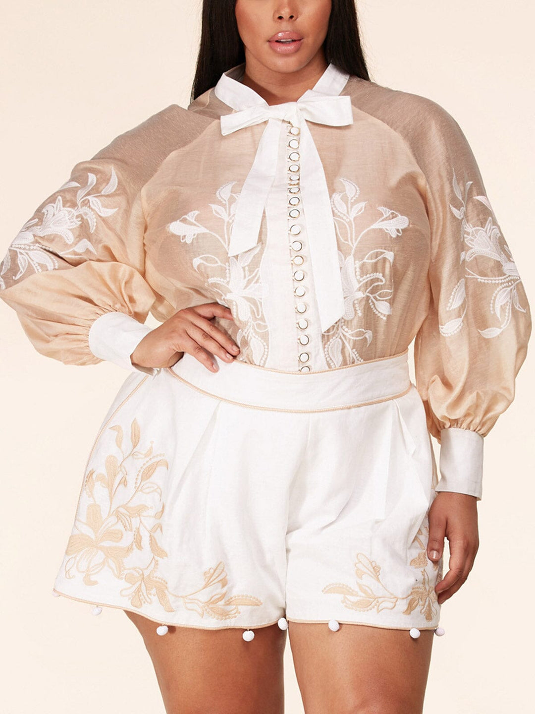 PLUS SIZE LONG SLEEVE 2PC. TOP & SHORTS FLORAL SET