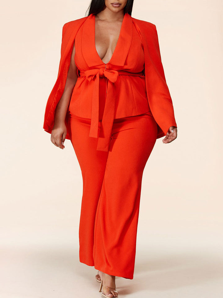 PLUS SIZE SOLID 3PC. TOP/CAPE AND PANTS SELF TIE SET