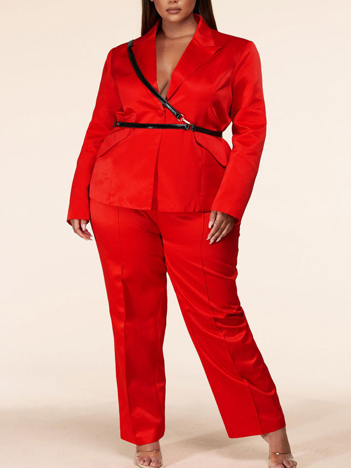 PLUS SIZE BELT DETAILED 2PC. JACKET AND PANTS SET