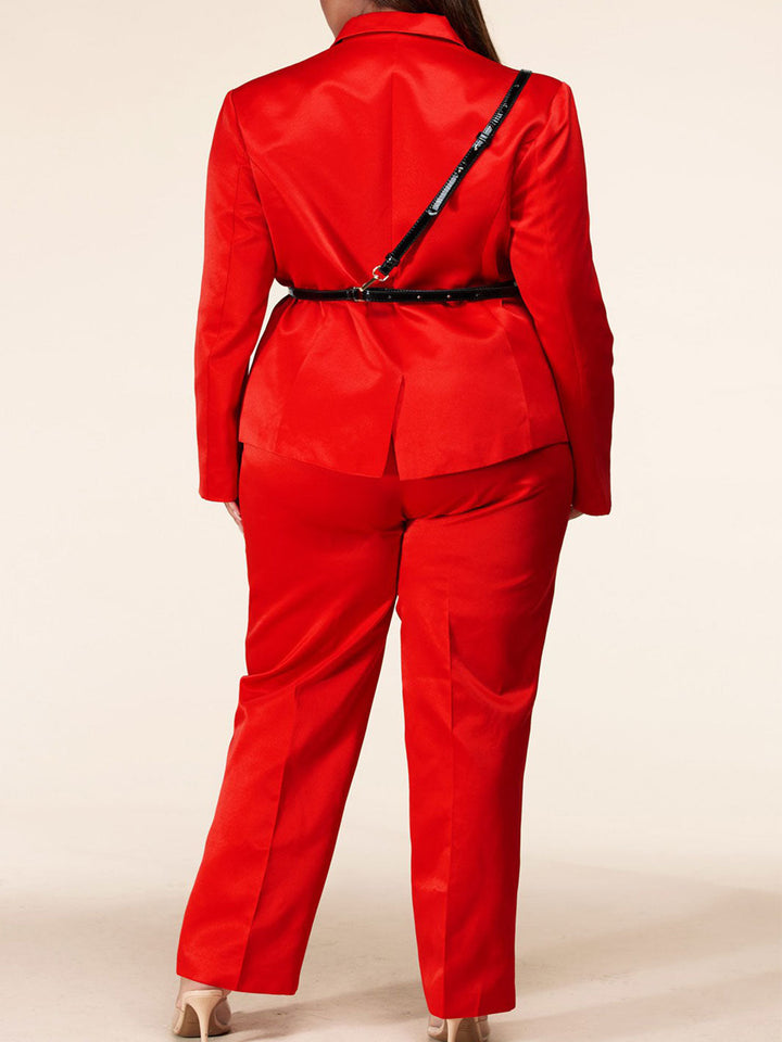 PLUS SIZE BELT DETAILED 2PC. JACKET AND PANTS SET