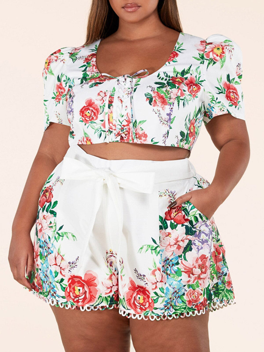 PLUS SIZE SHORT SLEEVE 2PC. TOP & SHORTS FLORAL SET