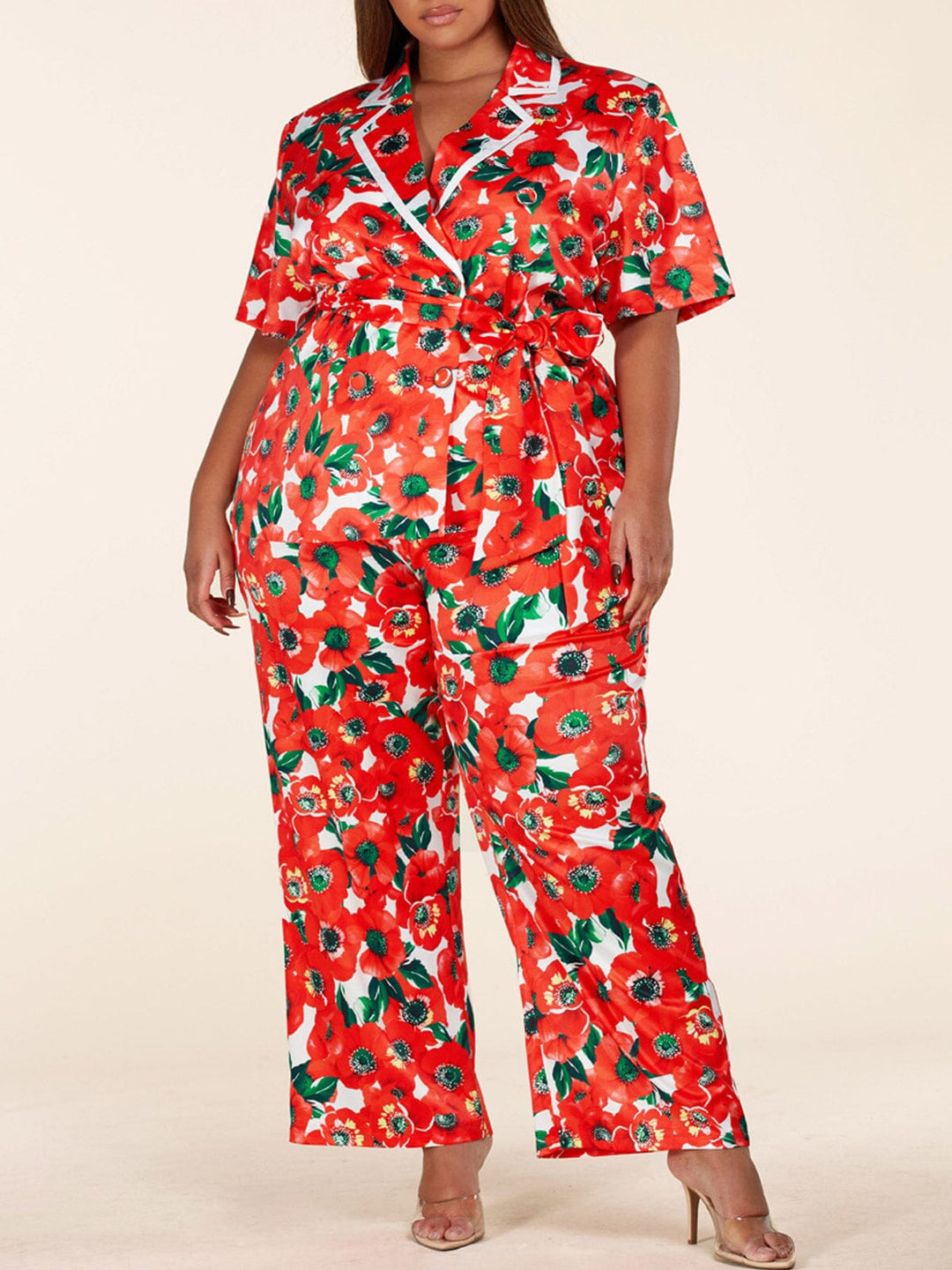 PLUS SIZE SHORT SLEEVE 2PC. TOP & PANTS FLORAL SET