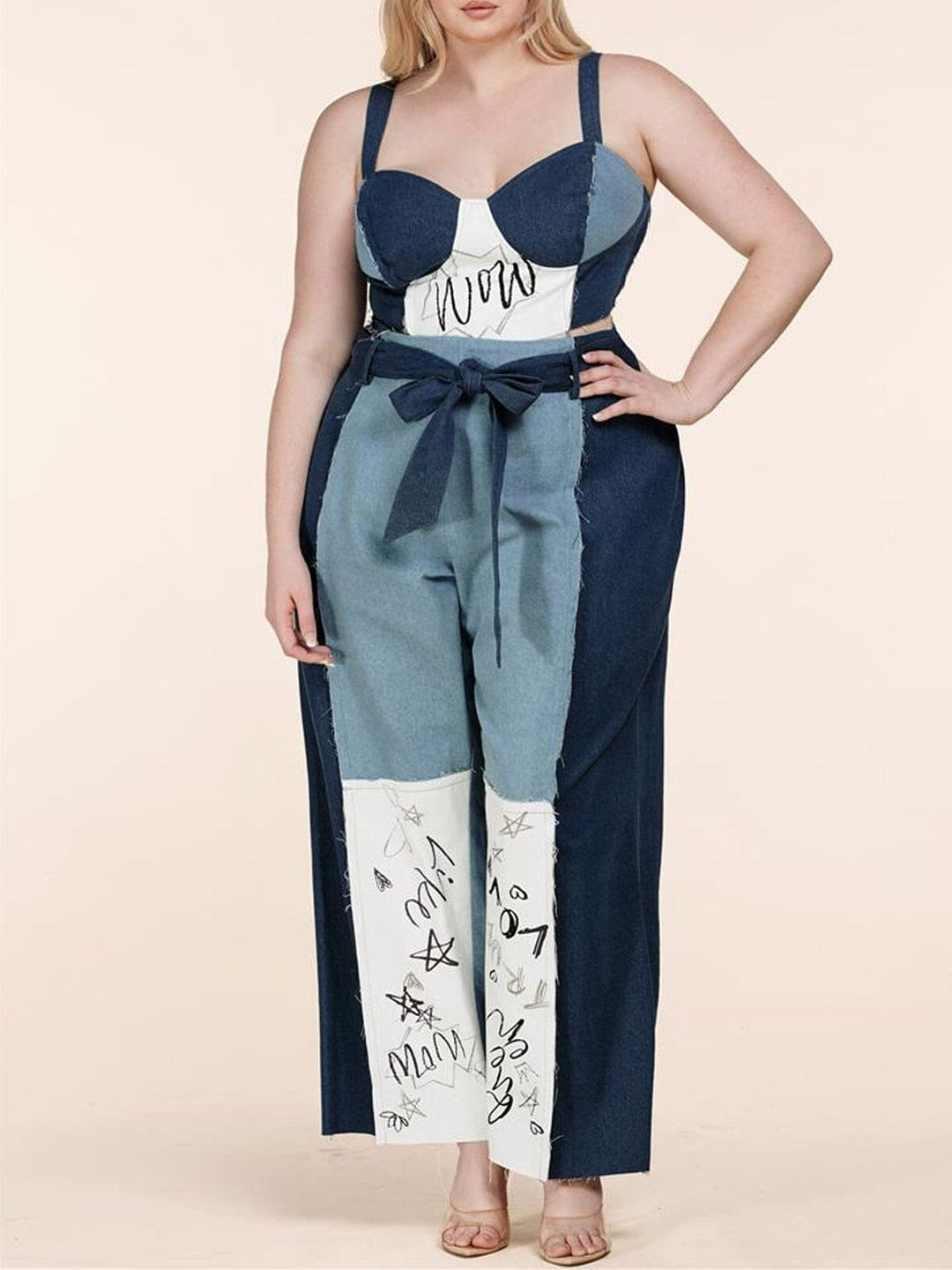 PLUS SIZE SLEEVELESS TOP & PANTS PRINTED DENIM 2PC. SET