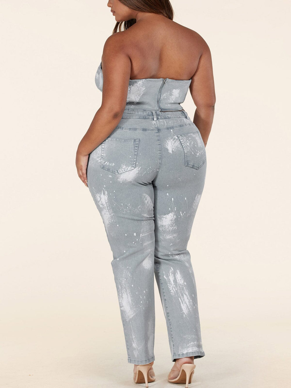PLUS SIZE SLEEVELESS 2PC. TOP & PANTS WASHED DENIM SET