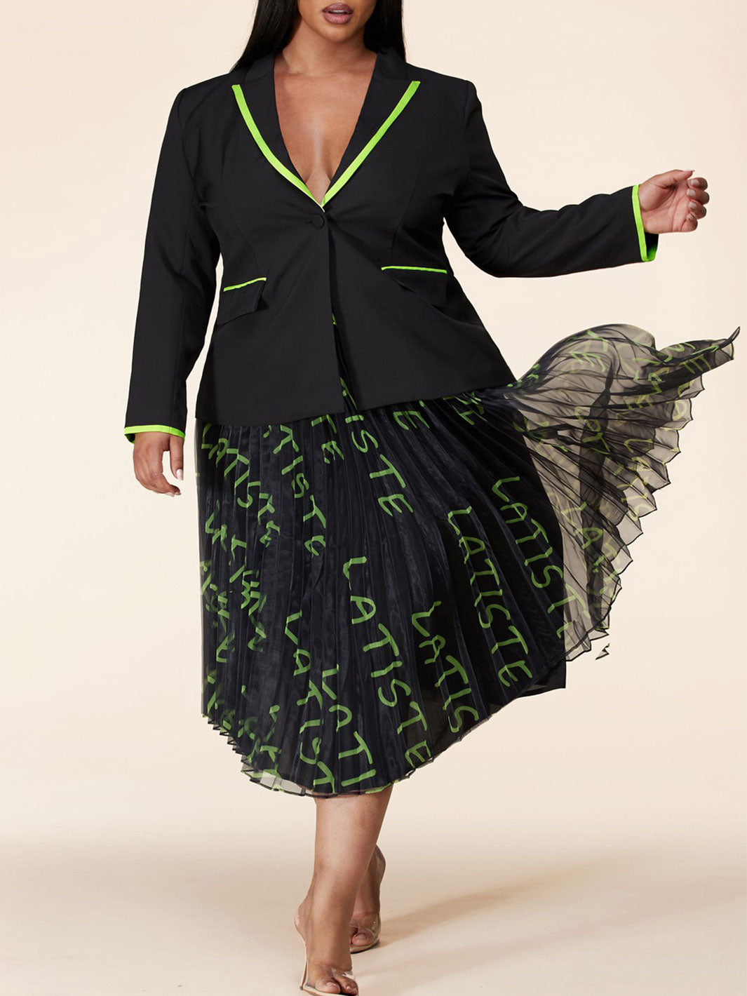 PLUS SIZE COLORBLOCK 2PC. JACKET AND PLEATED MIDI SKIRT SET