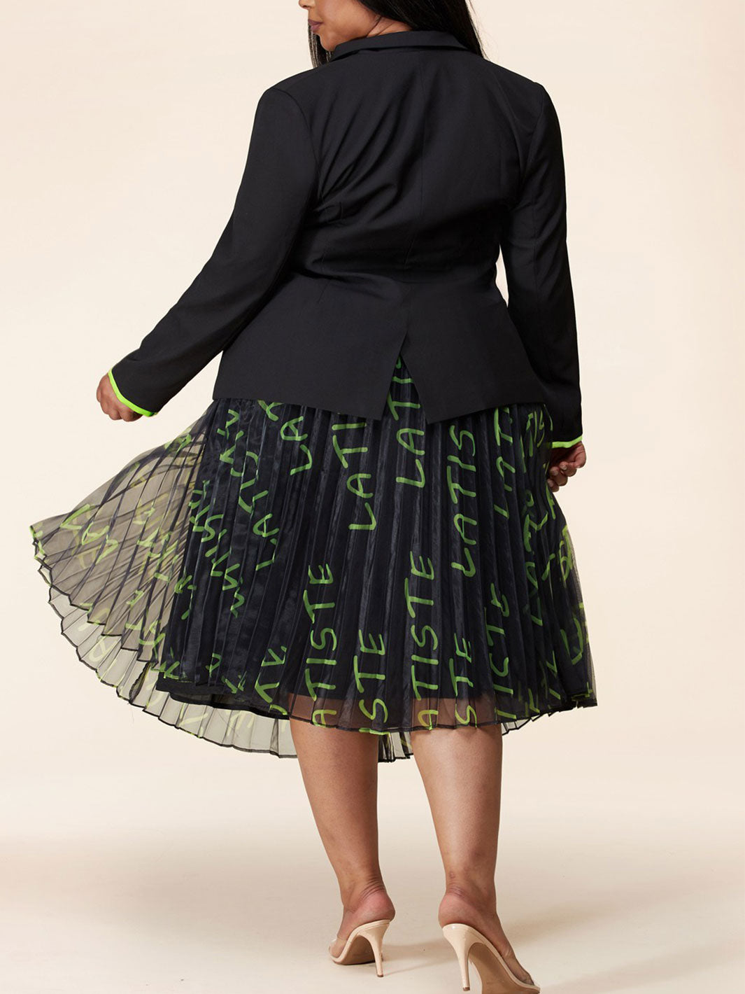 PLUS SIZE COLORBLOCK 2PC. JACKET AND PLEATED MIDI SKIRT SET