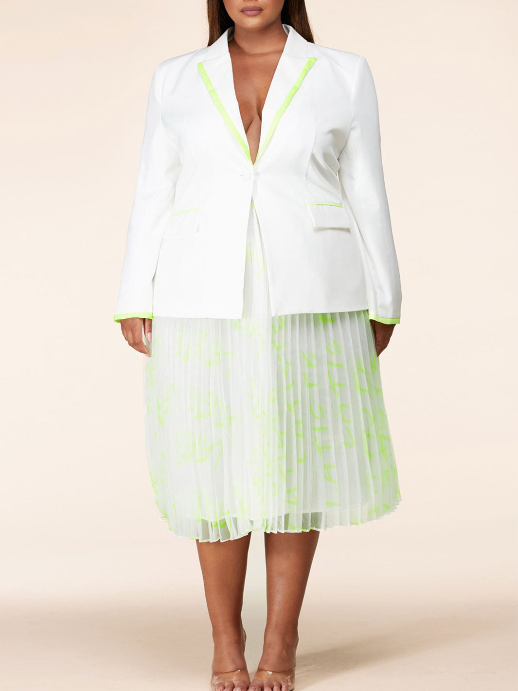 PLUS SIZE COLORBLOCK 2PC. JACKET AND PLEATED MIDI SKIRT SET