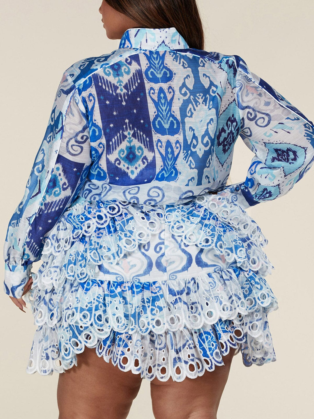 PLUS SIZE LONG PUFF SLEEVE BUTTON UP TOP & SKIRT SET