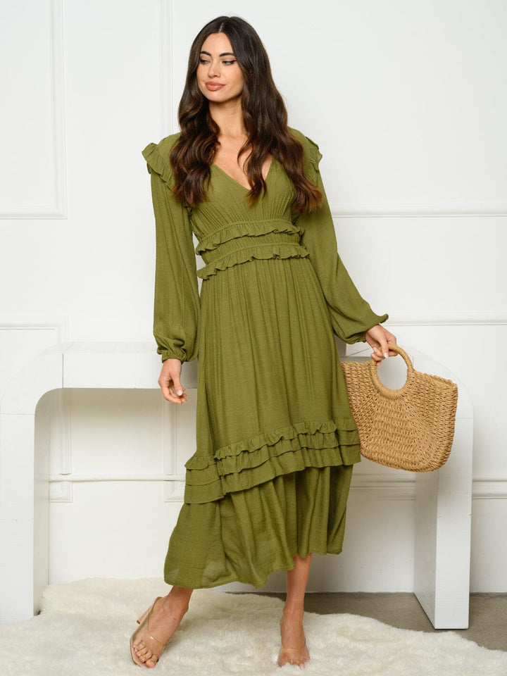 WOMEN'S LONG SLEEVE V-NECK RUFFLE MAXI DRESS
