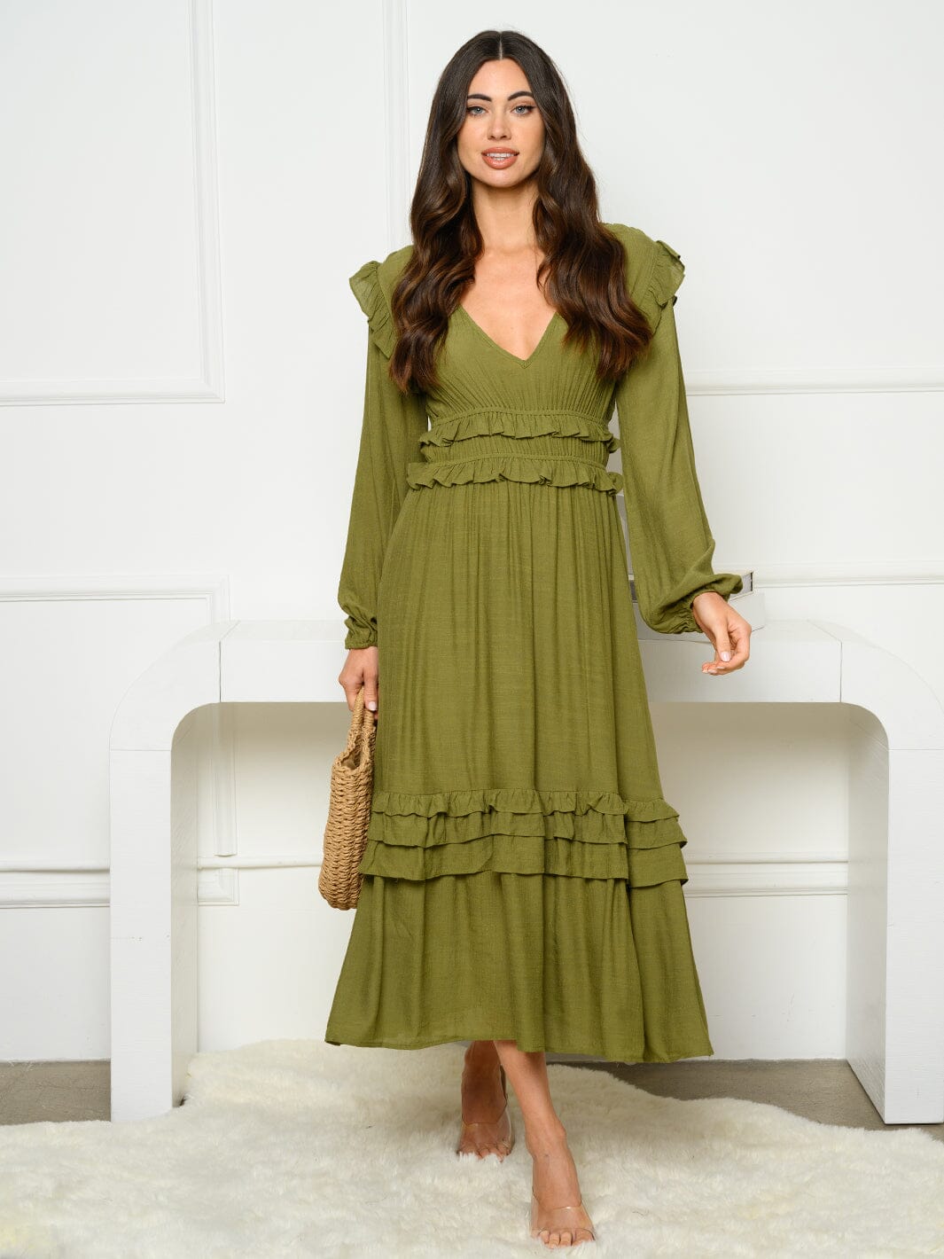 WOMEN'S LONG SLEEVE V-NECK RUFFLE MAXI DRESS