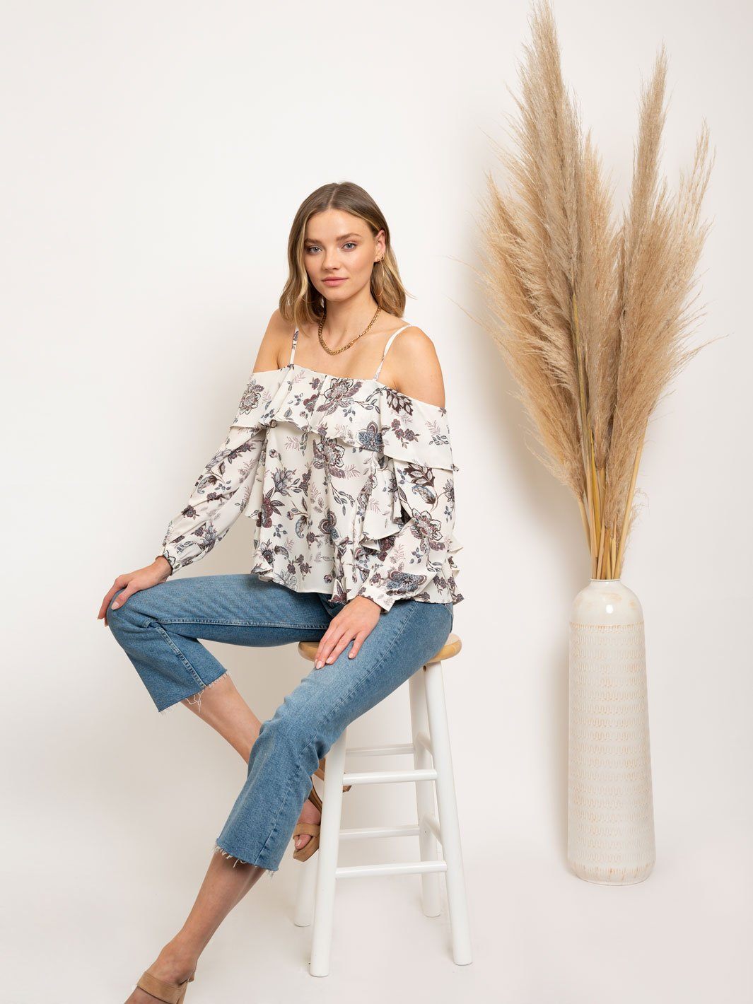 WOMEN'S OFF SHOULDER RUFFLE FLORAL PRINT TOP