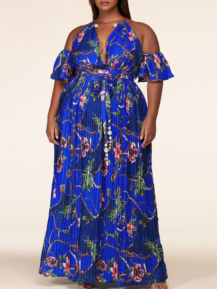 PLUS SIZE OFF SHOULDER V-NECK PLEATED FLORAL MAXI DRESS