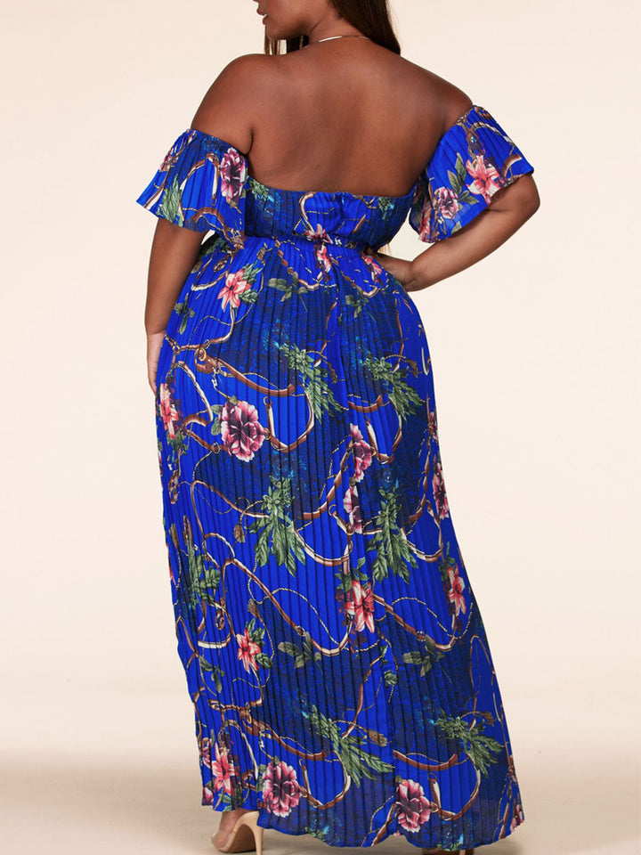 PLUS SIZE OFF SHOULDER V-NECK PLEATED FLORAL MAXI DRESS