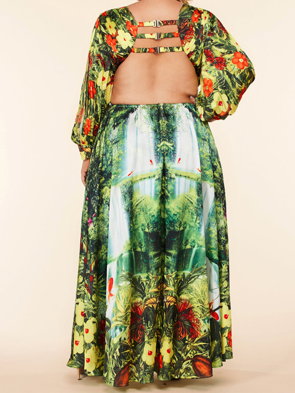 PLUS SIZE LONG CUT OUT SLEEVE V-NECK OPEN BACK MAXI DRESS