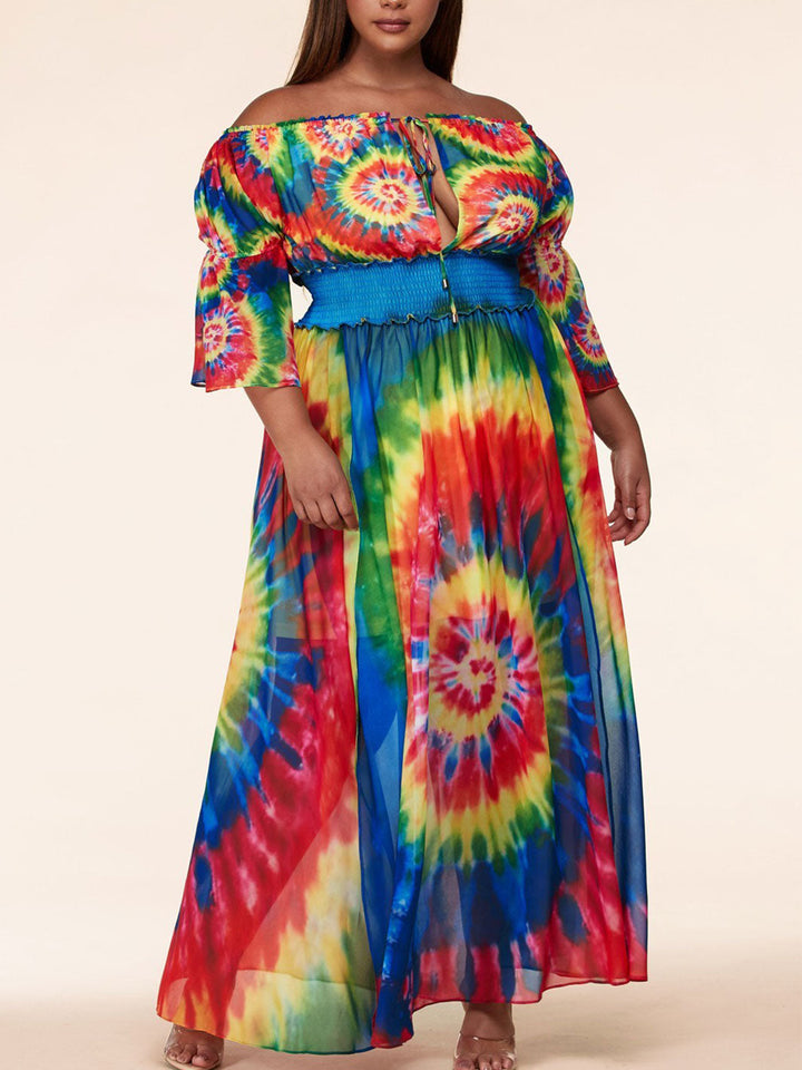PLUS SIZE OFF SHOULDER SMOCK WAIST TIE DYE FRONT SLIT MAXI DRESS