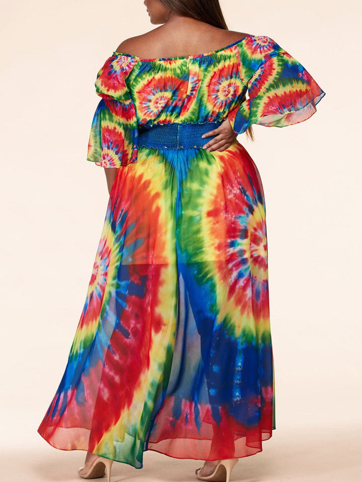 PLUS SIZE OFF SHOULDER SMOCK WAIST TIE DYE FRONT SLIT MAXI DRESS