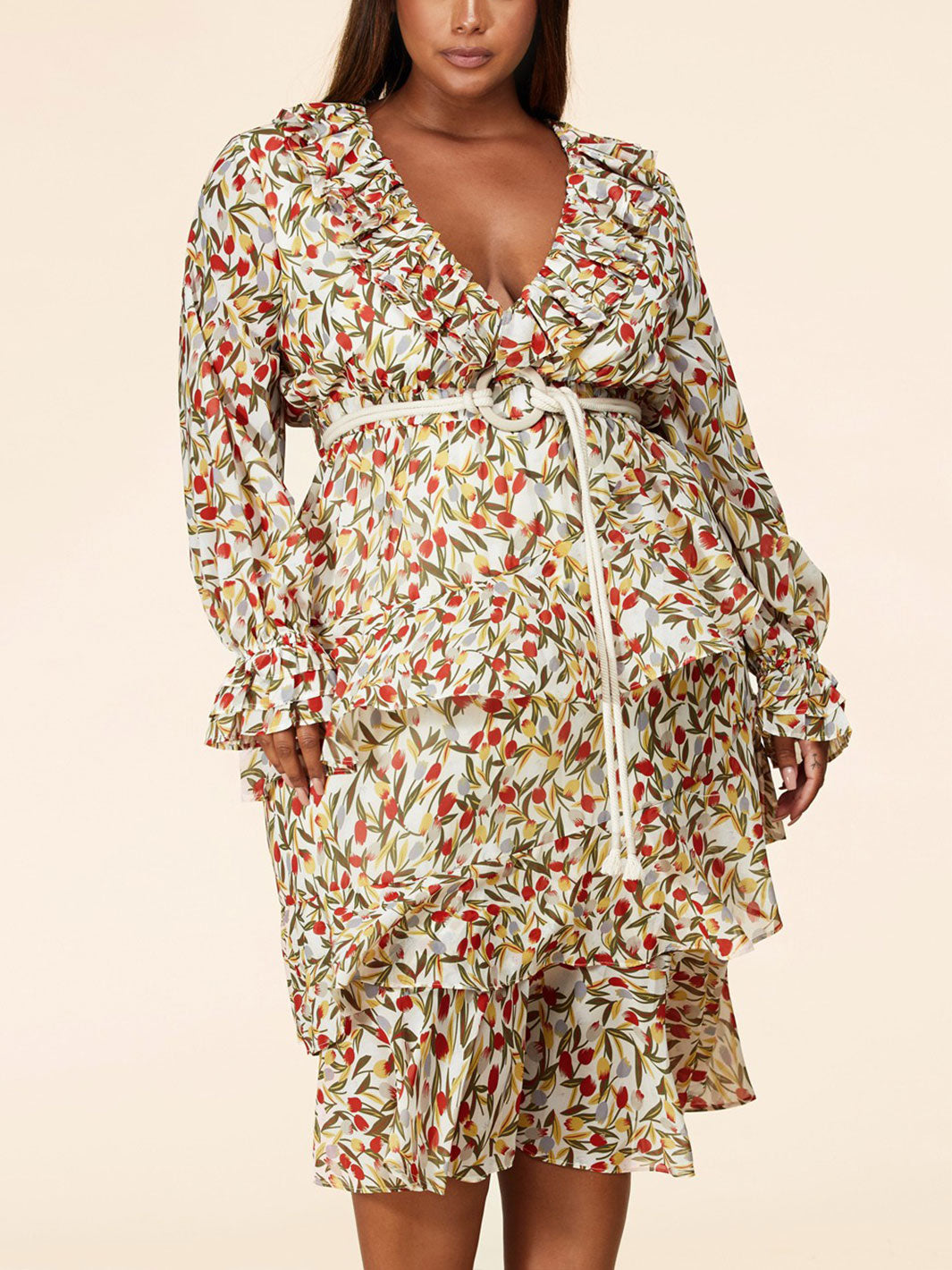 PLUS SIZE LONG SLEEVE V-NECK RUFFLE FLORAL MIDI DRESS