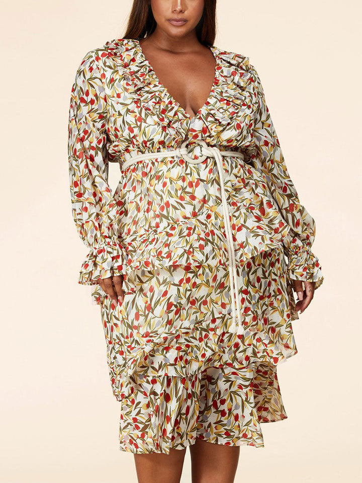 PLUS SIZE LONG SLEEVE V-NECK RUFFLE FLORAL MIDI DRESS