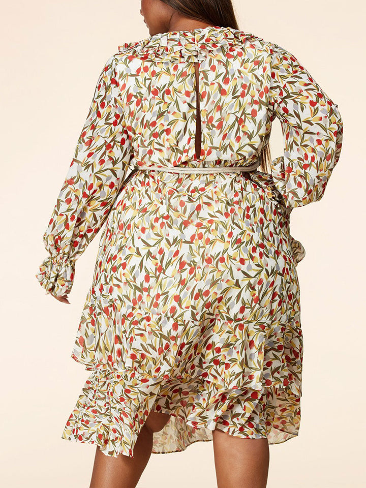 PLUS SIZE LONG SLEEVE V-NECK RUFFLE FLORAL MIDI DRESS