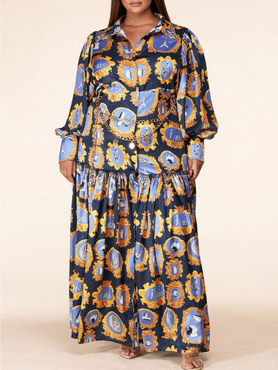 PLUS SIZE LONG SLEEVE BUTTON UP TIERED MULTI PRINT W/CHAIN NECKLACE MAXI DRESS