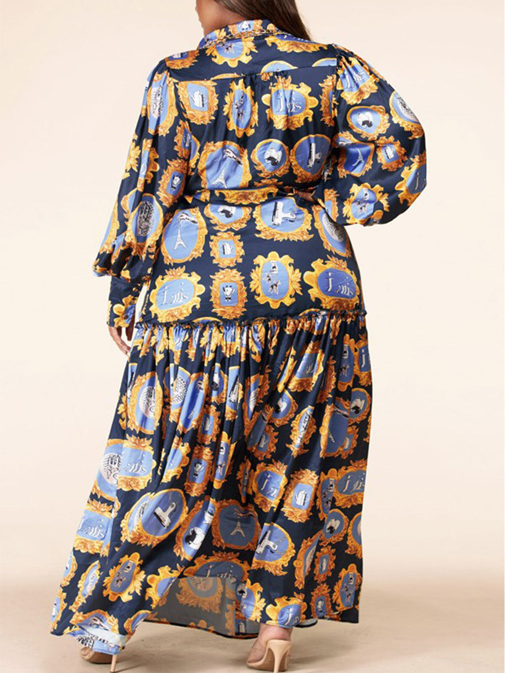 PLUS SIZE LONG SLEEVE BUTTON UP TIERED MULTI PRINT W/CHAIN NECKLACE MAXI DRESS
