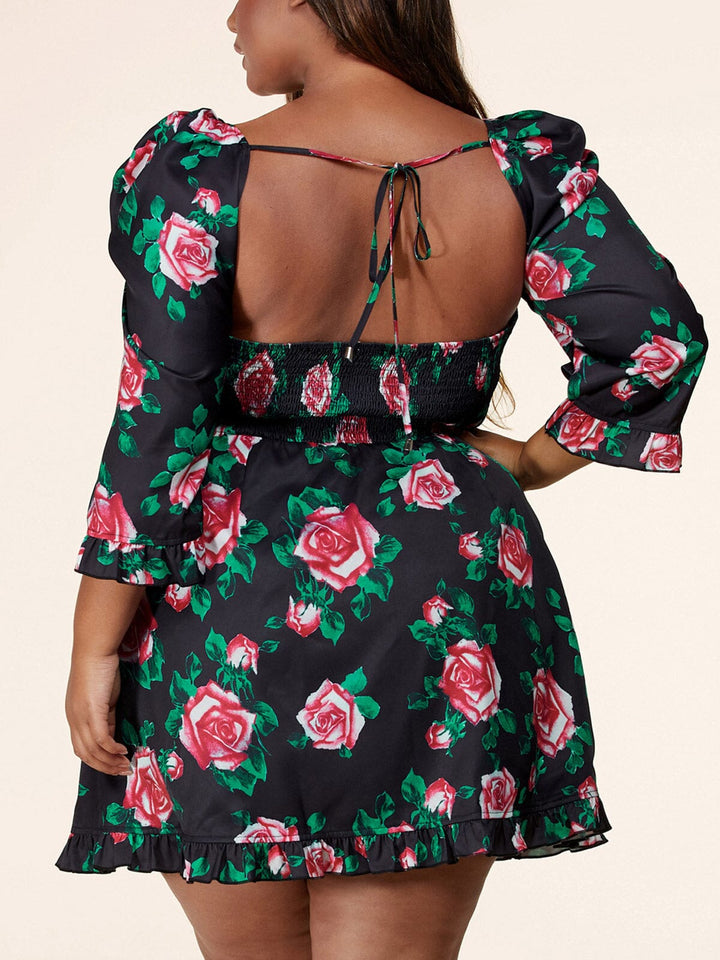 PLUS SIZE LONG SLEEVE SURPLICE OPEN BACK RUFFLE FLORAL MINI DRESS