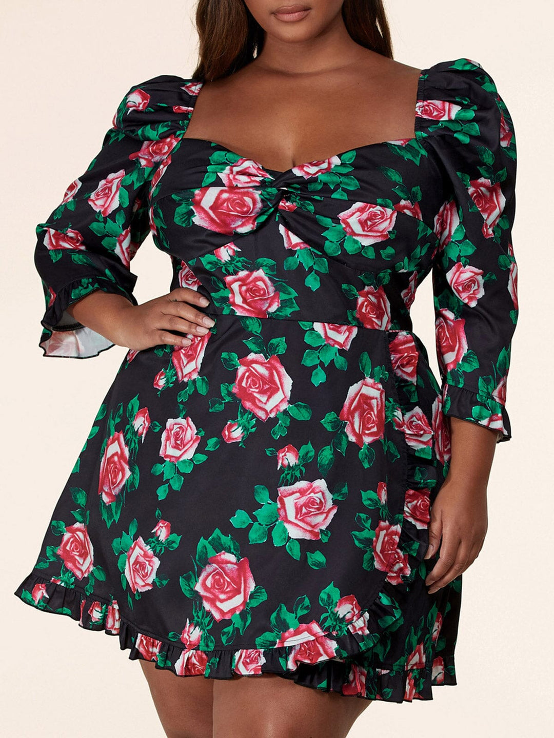 PLUS SIZE LONG SLEEVE SURPLICE OPEN BACK RUFFLE FLORAL MINI DRESS