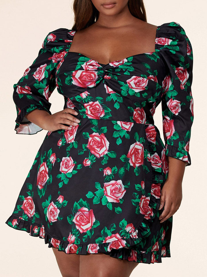PLUS SIZE LONG SLEEVE SURPLICE OPEN BACK RUFFLE FLORAL MINI DRESS