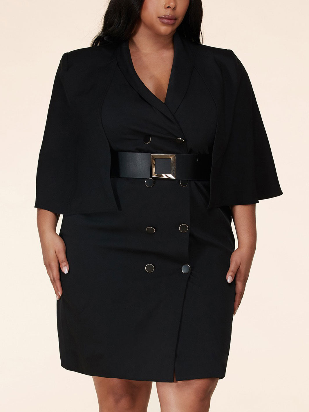 PLUS SIZE 3/4 SLEEVE V-NECK BUTTON CLOSURE BELT CAPE MINI DRESS
