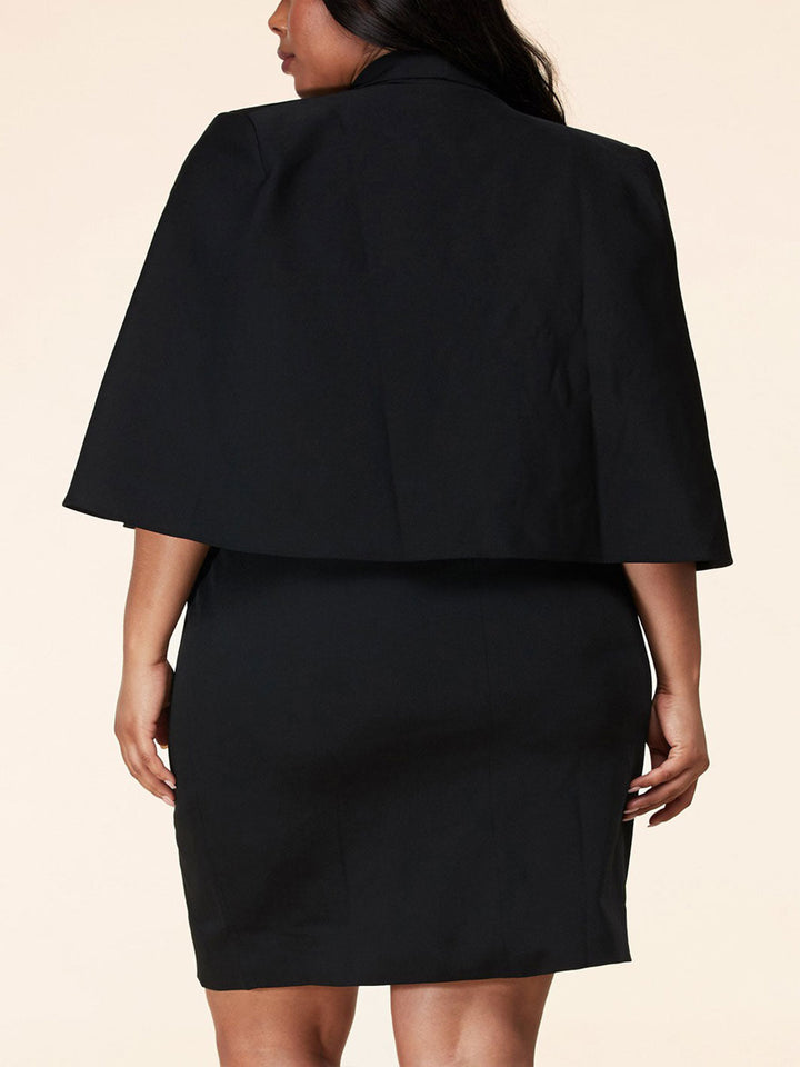 PLUS SIZE 3/4 SLEEVE V-NECK BUTTON CLOSURE BELT CAPE MINI DRESS