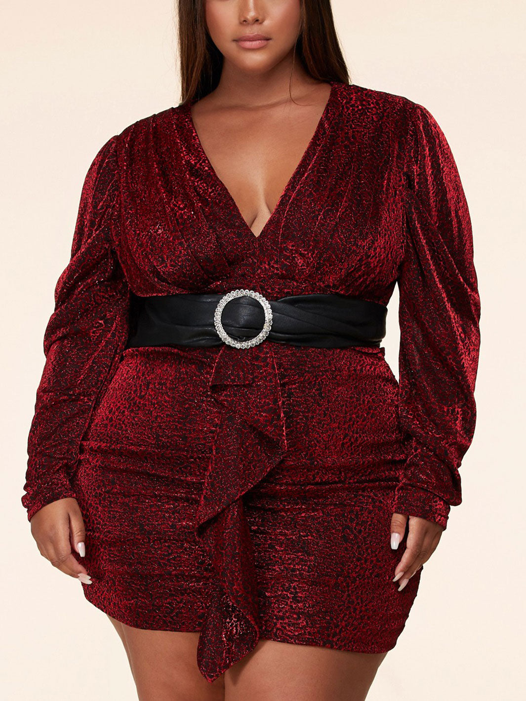 PLUS SIZE LONG SLEEVE SHIMMER RUFFLE WITH BELT MINI DRESS
