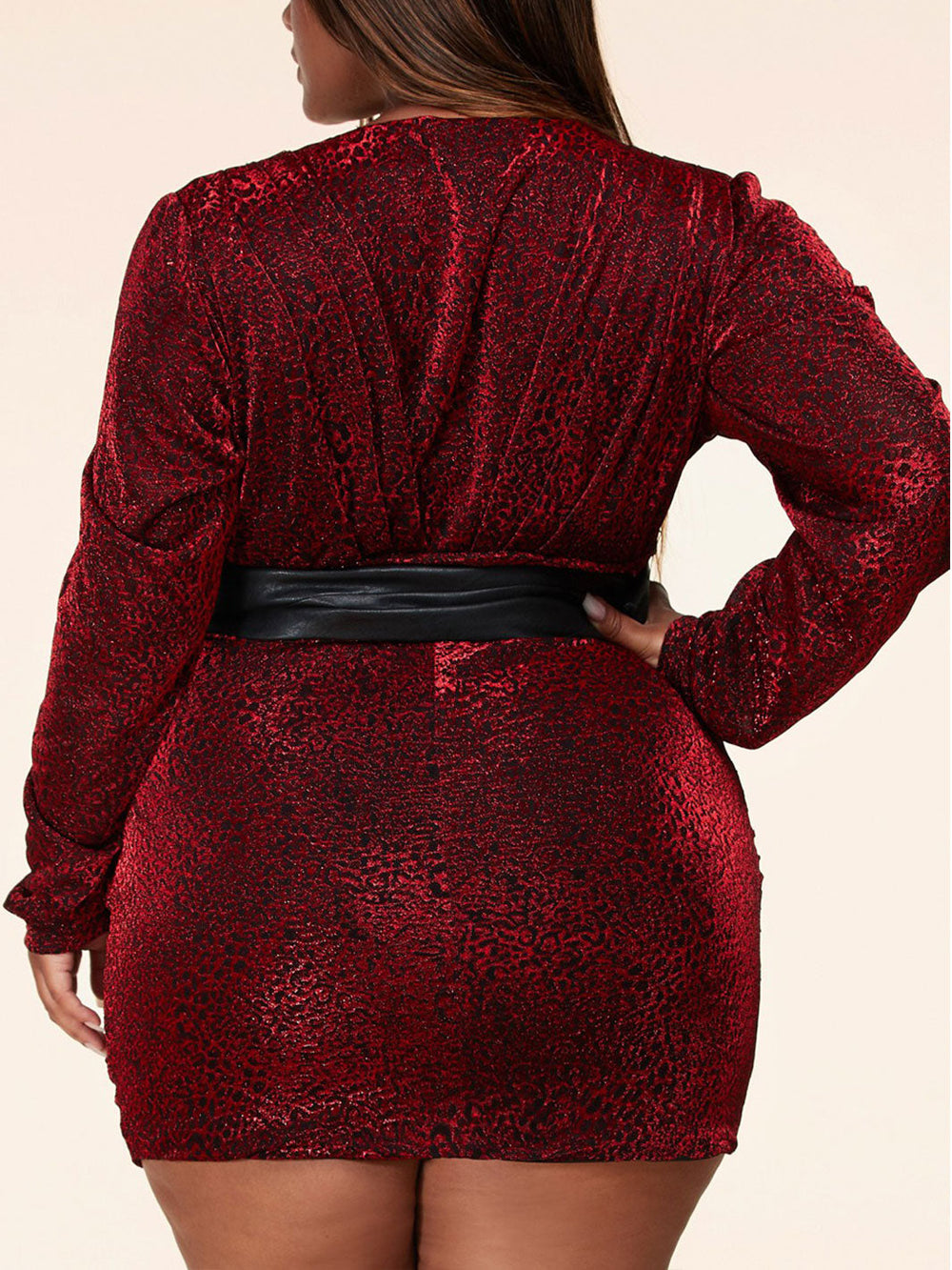 PLUS SIZE LONG SLEEVE SHIMMER RUFFLE WITH BELT MINI DRESS