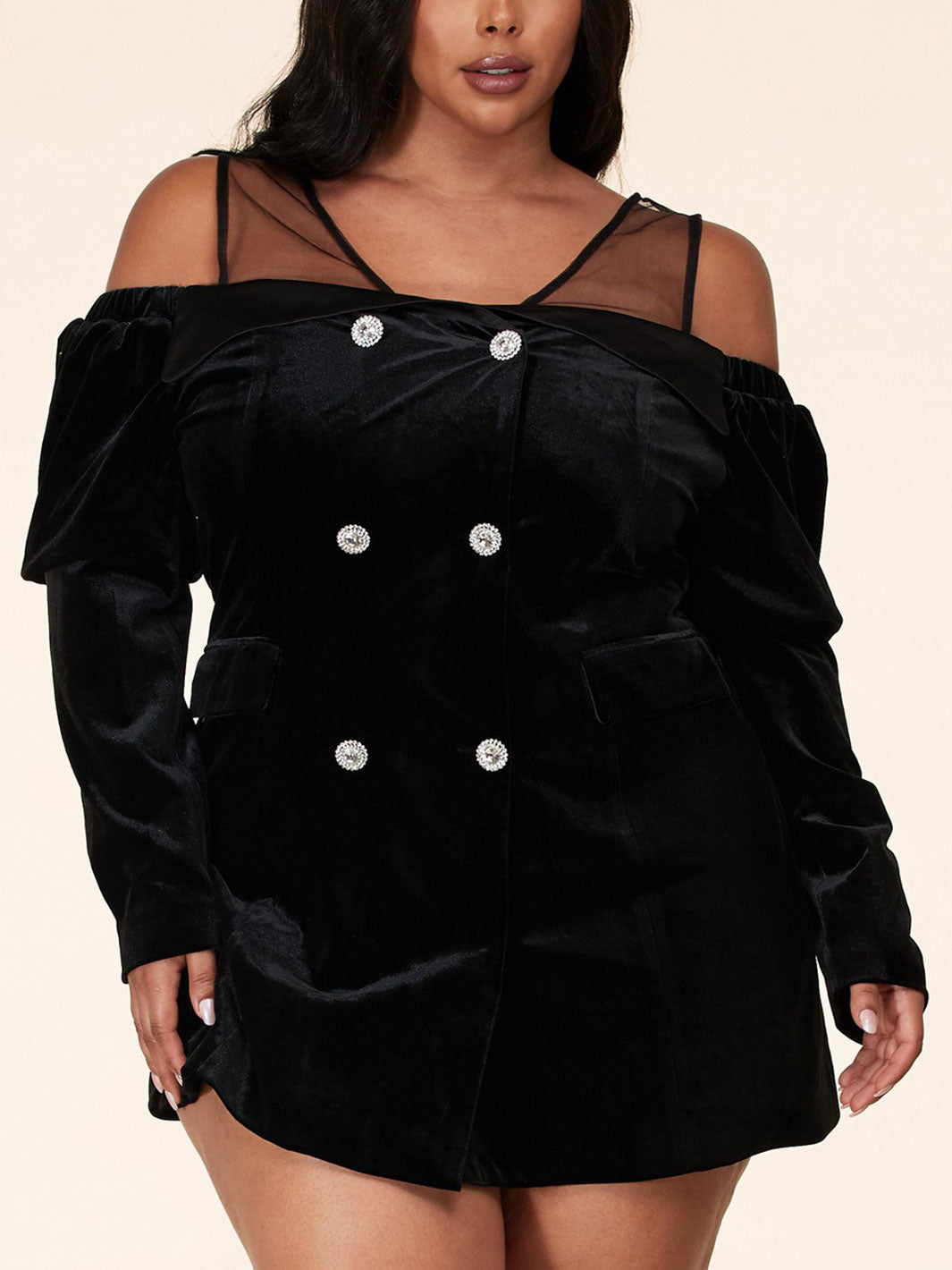 PLUS SIZE LONG SLEEVE MESH SHOULDER MINI DRESS