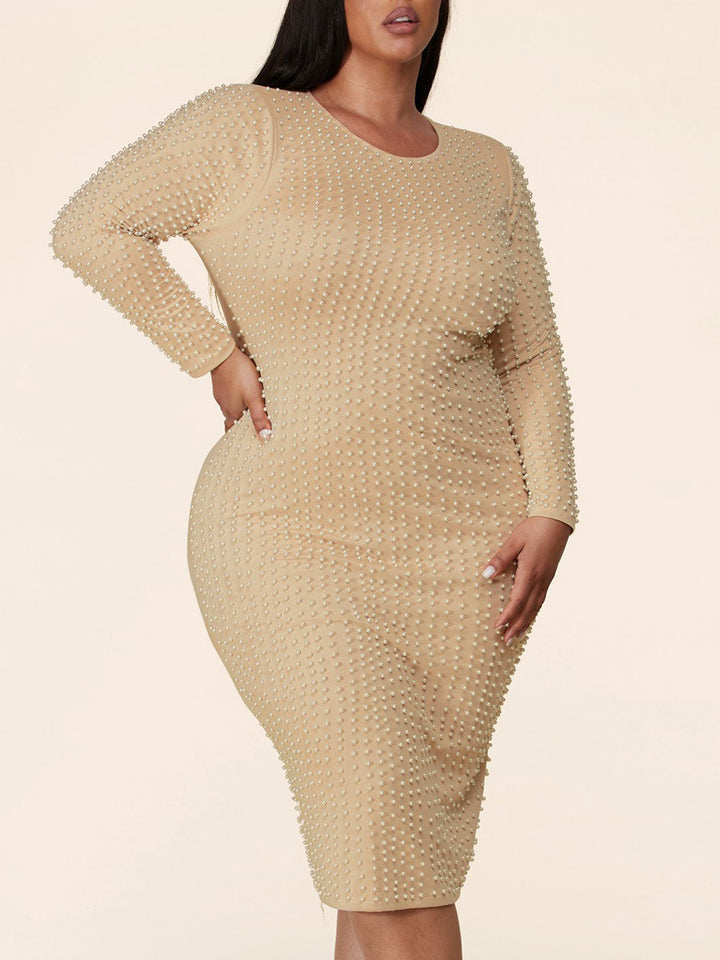PLUS SIZE LONG SLEEVE BODYCON PEARL DETAILED MIDI DRESS
