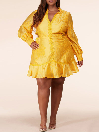 PLUS SIZE LONG SLEEVE V-NECK CUT OUT EMBROIDERY MINI DRESS