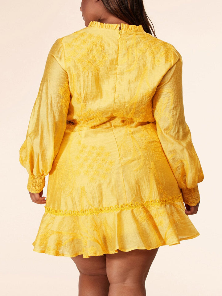 PLUS SIZE LONG SLEEVE V-NECK CUT OUT EMBROIDERY MINI DRESS