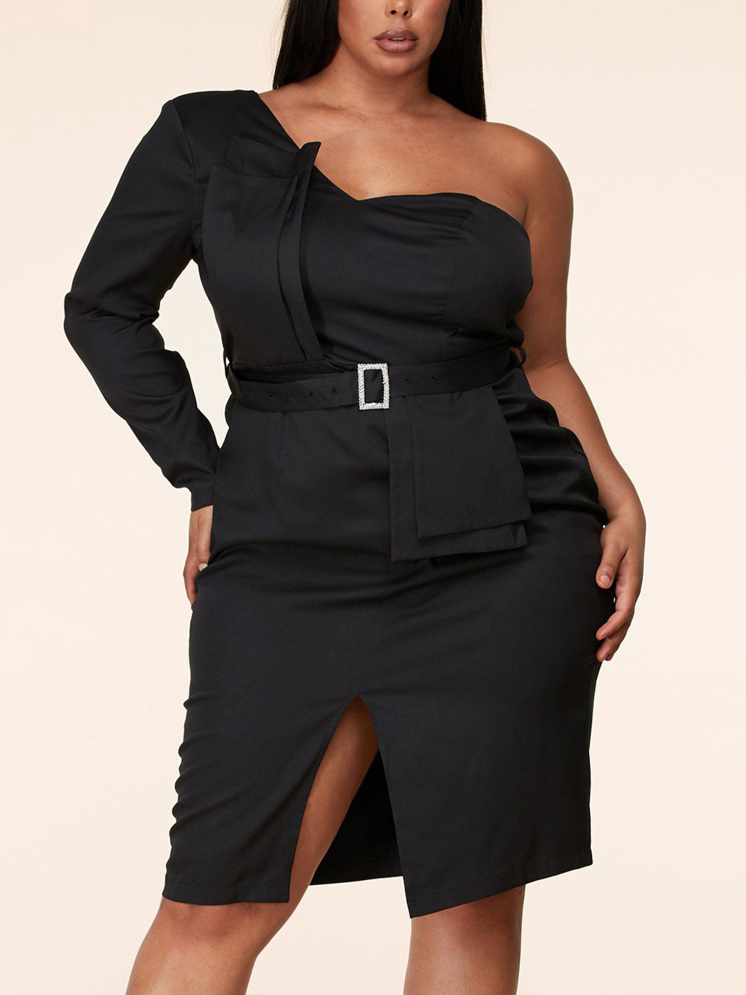 PLUS SIZE ONE SHOULDER DRESS FRONT DETAILED WITH BELT MINI DRESS